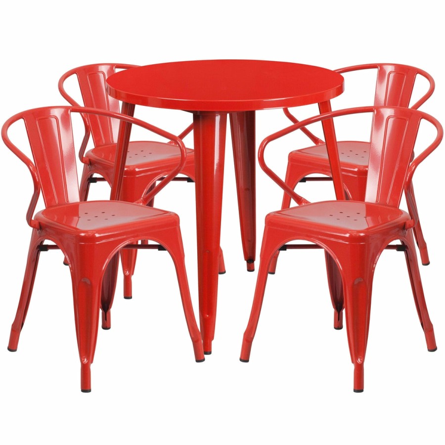 More FLASH | Commercial Grade 30" Round Metal Indoor-Outdoor Table Set With 4 Arm Chairs