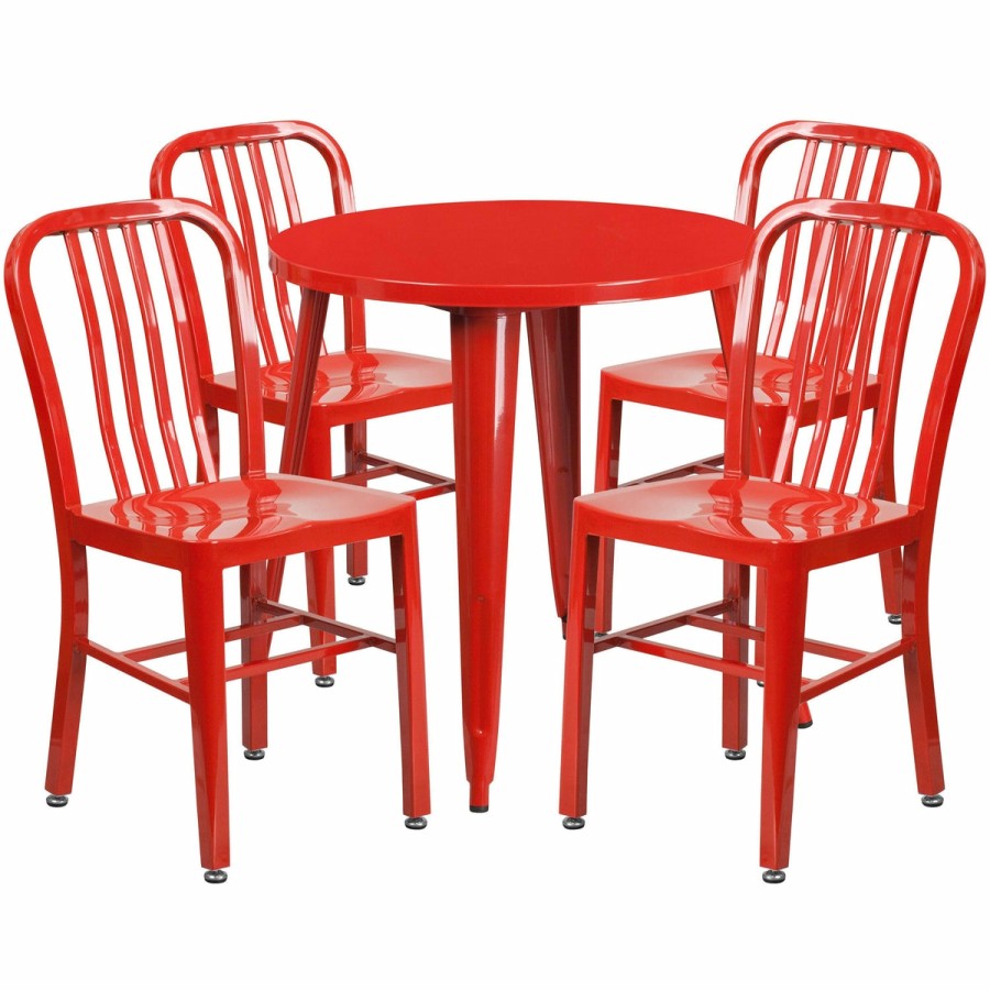 More FLASH | Commercial Grade 30" Round Metal Indoor-Outdoor Table Set With 4 Vertical Slat Back Chairs