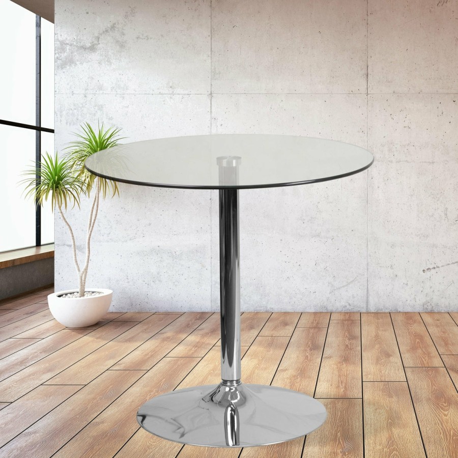 More FLASH | 31.5'' Round Glass Table With 29''H Chrome Base