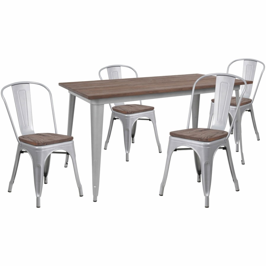 More FLASH | 30.25" X 60" Metal Table Set With Wood Top And 4 Stack Chairs