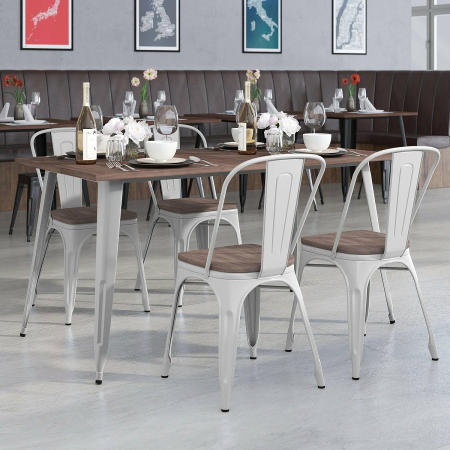 More FLASH | 30.25" X 60" Metal Table Set With Wood Top And 4 Stack Chairs