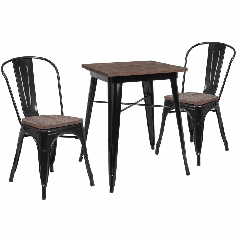 More FLASH | 23.5" Square Metal Table Set With Wood Top And 2 Stack Chairs