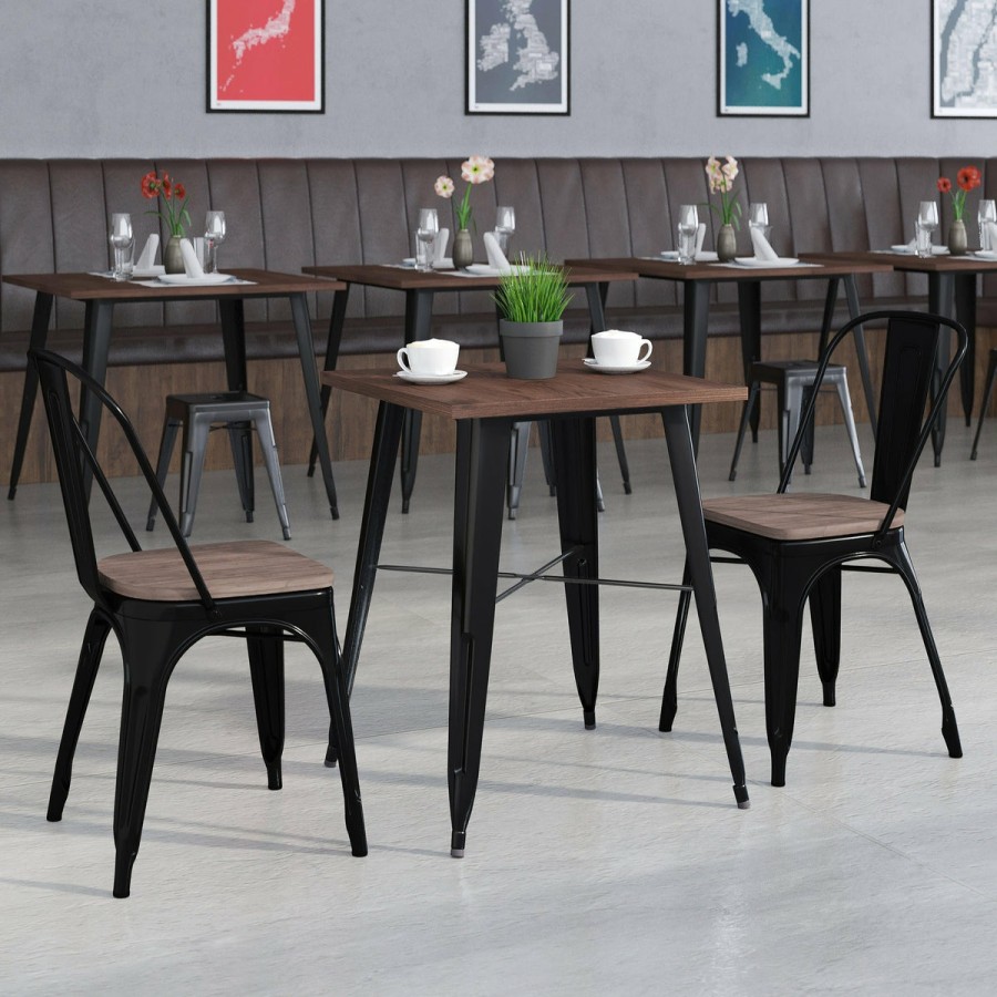 More FLASH | 23.5" Square Metal Table Set With Wood Top And 2 Stack Chairs