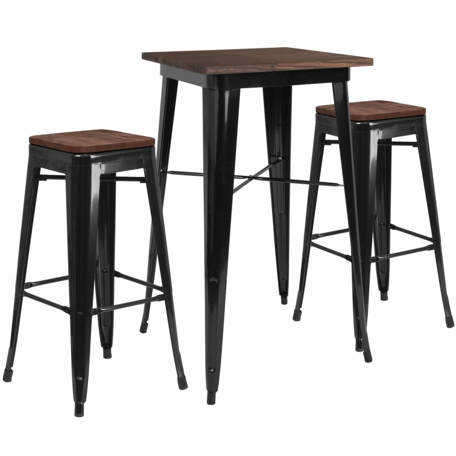 More FLASH | 23.5" Square Metal Bar Table Set With Wood Top And 2 Backless Stools