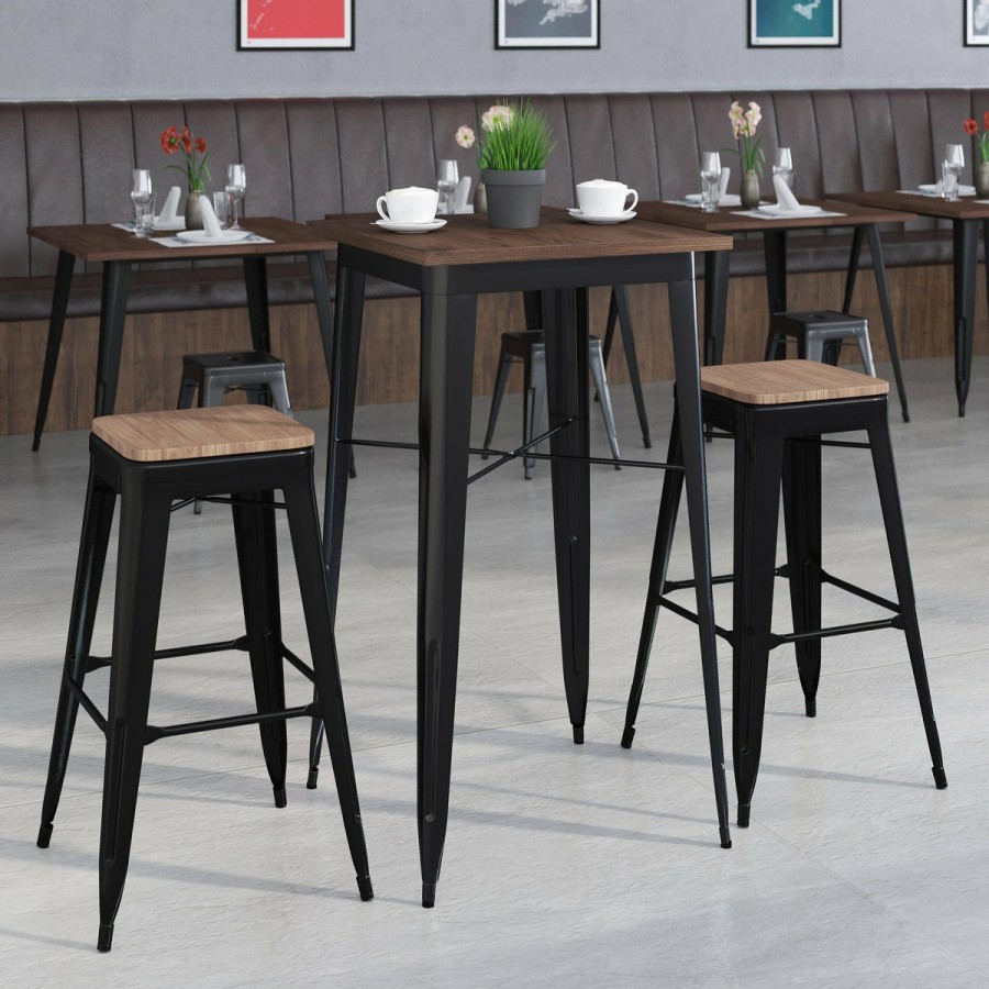 More FLASH | 23.5" Square Metal Bar Table Set With Wood Top And 2 Backless Stools