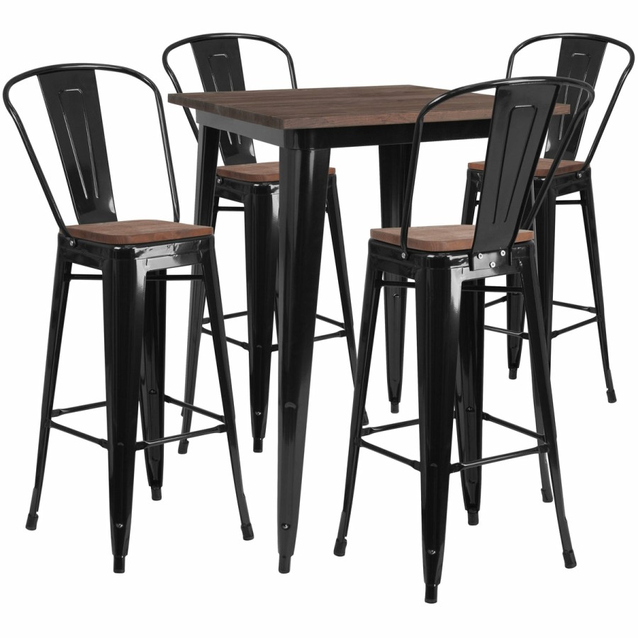 More FLASH | 31.5" Square Metal Bar Table Set With Wood Top And 4 Stools