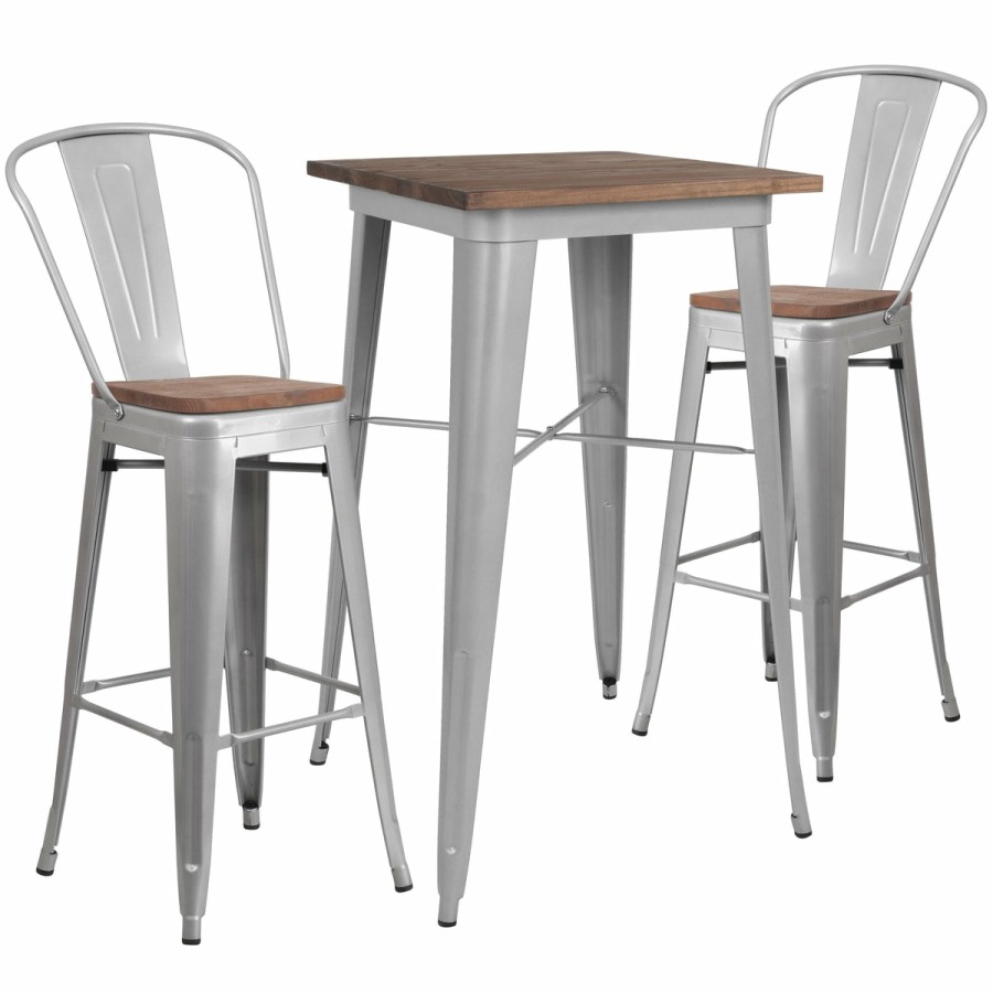 More FLASH | 23.5" Square Metal Bar Table Set With Wood Top And 2 Stools