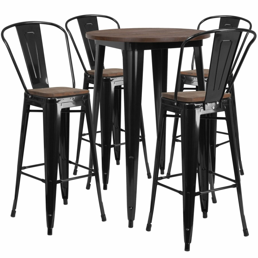 More FLASH | 30" Round Metal Bar Table Set With Wood Top And 4 Stools