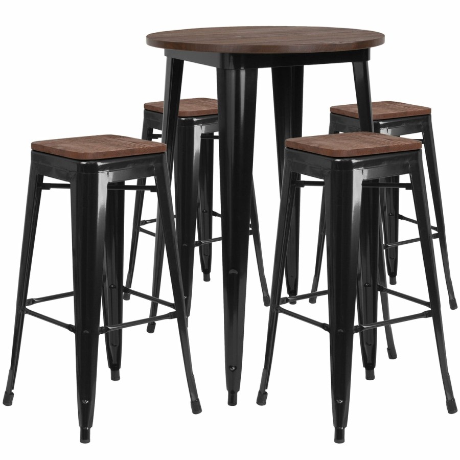 More FLASH | 30" Round Metal Bar Table Set With Wood Top And 4 Backless Stools