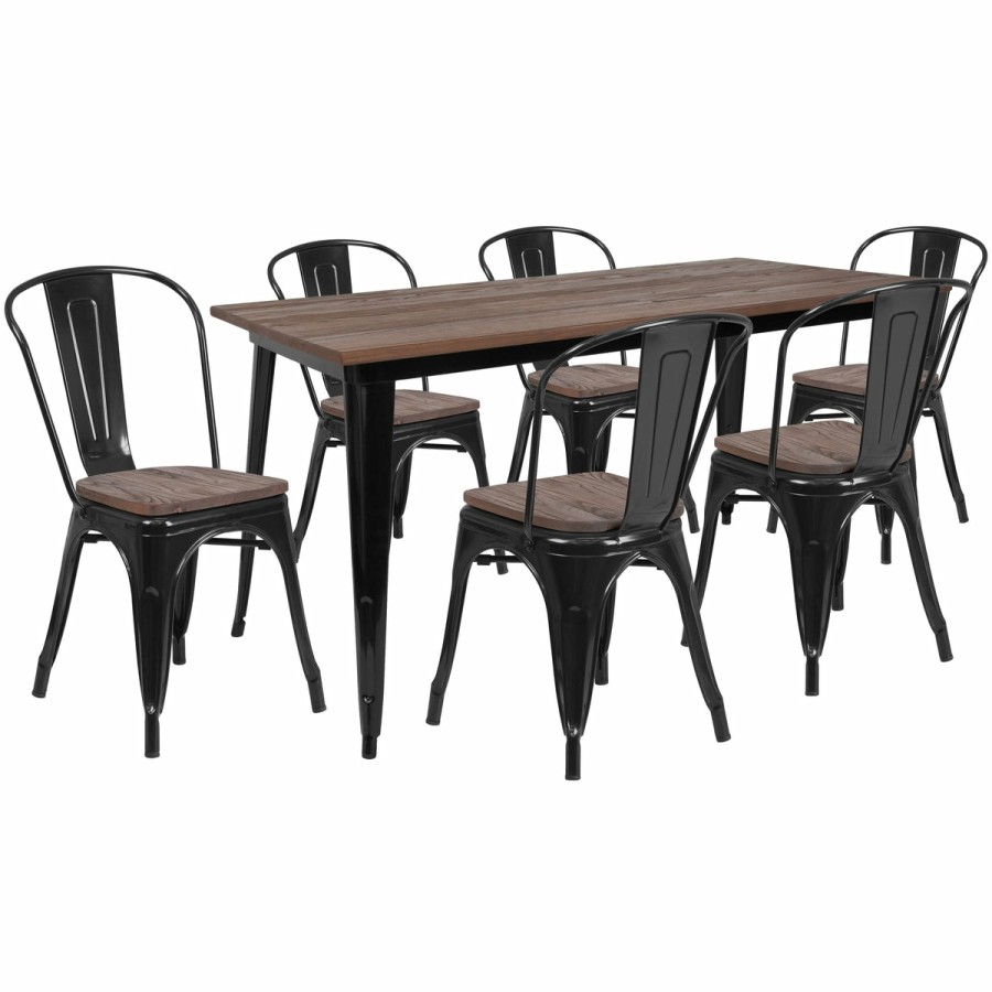 More FLASH | 30.25" X 60" Metal Table Set With Wood Top And 6 Stack Chairs