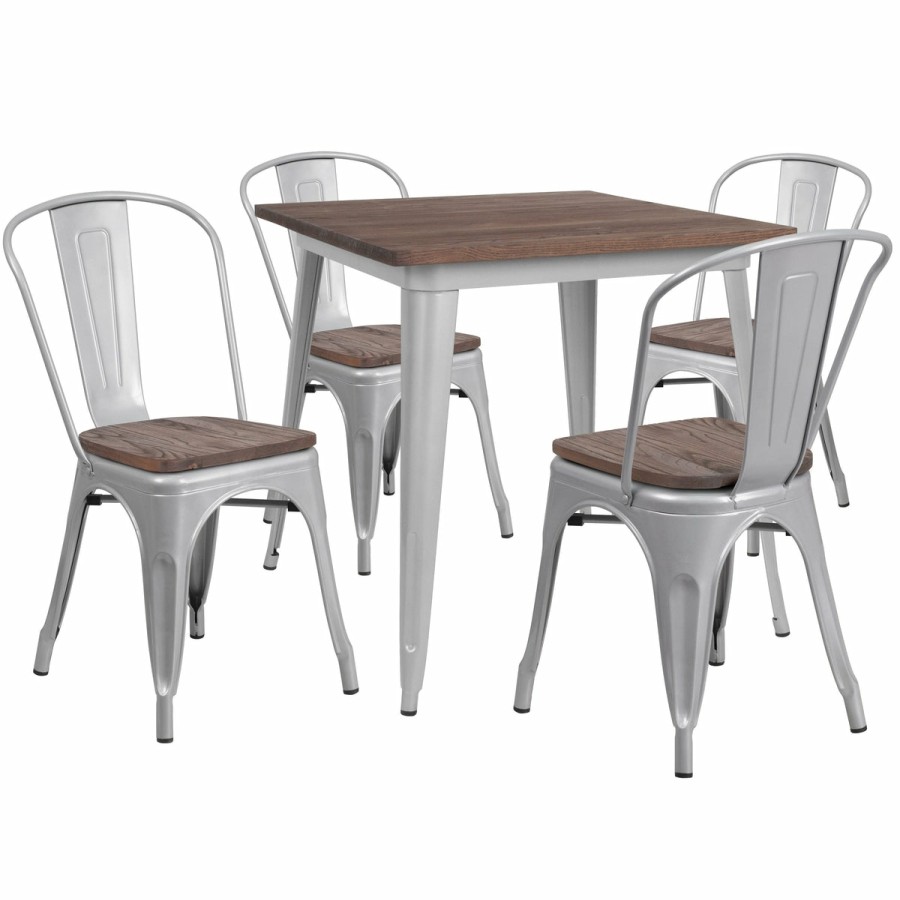 More FLASH | 31.5" Square Metal Table Set With Wood Top And 4 Stack Chairs