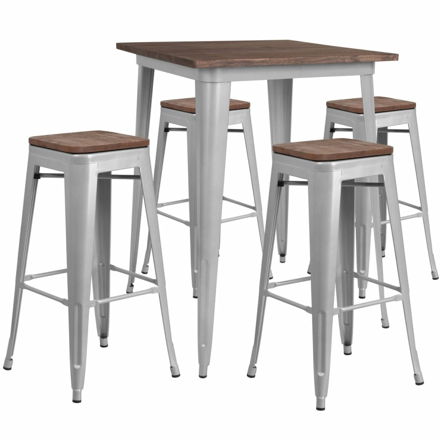 More FLASH | 31.5" Square Metal Bar Table Set With Wood Top And 4 Backless Stools