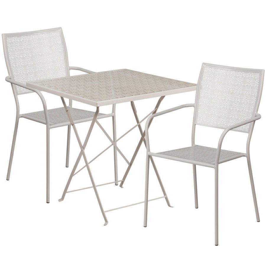 More FLASH | Oia Commercial Grade 28" Square Indoor-Outdoor Steel Folding Patio Table Set With 2 Square Back Chairs