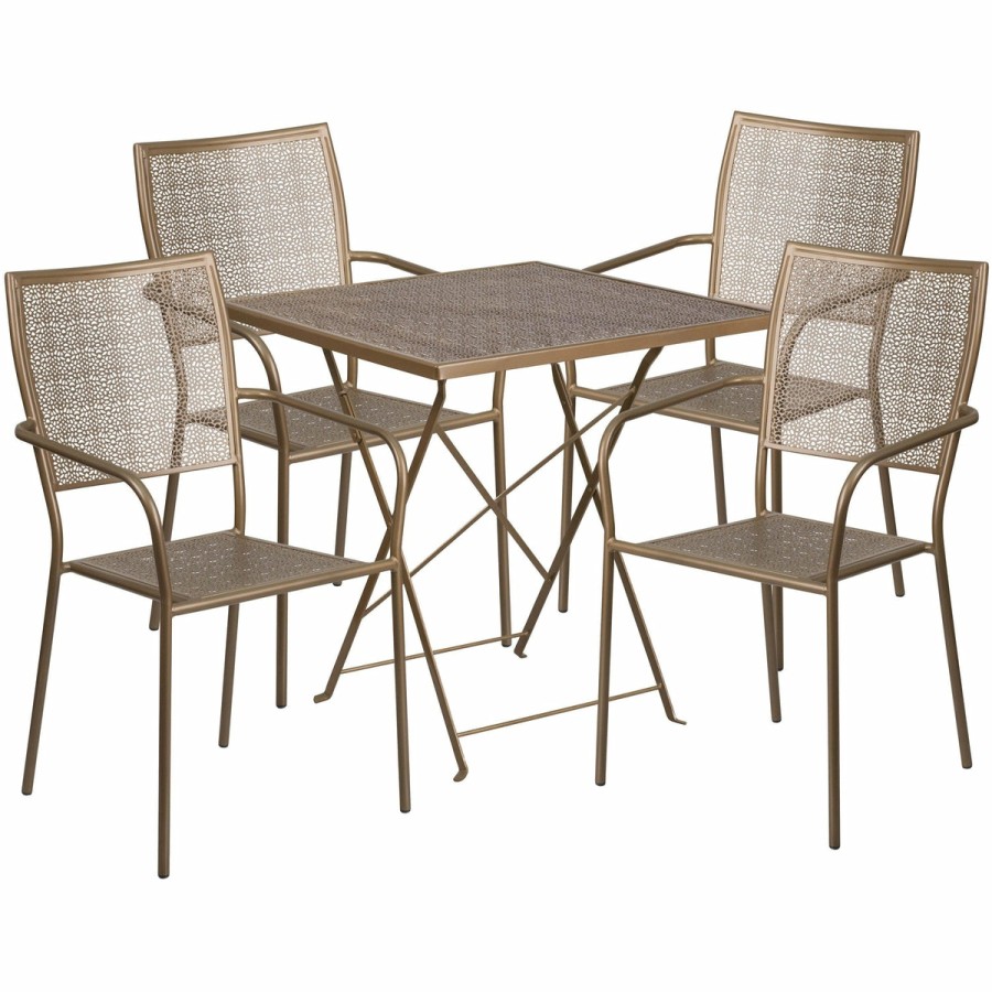 More FLASH | Oia Commercial Grade 28" Square Indoor-Outdoor Steel Folding Patio Table Set With 4 Square Back Chairs