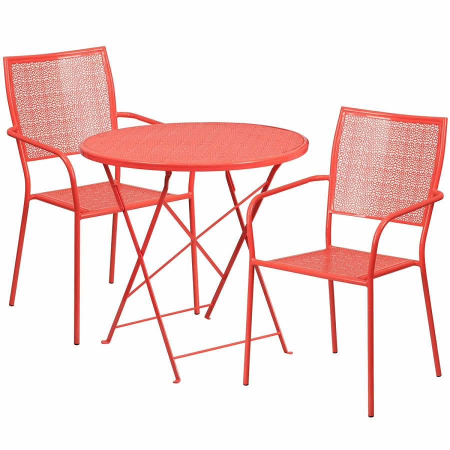 More FLASH | Oia Commercial Grade 30" Round Indoor-Outdoor Steel Folding Patio Table Set With 2 Square Back Chairs