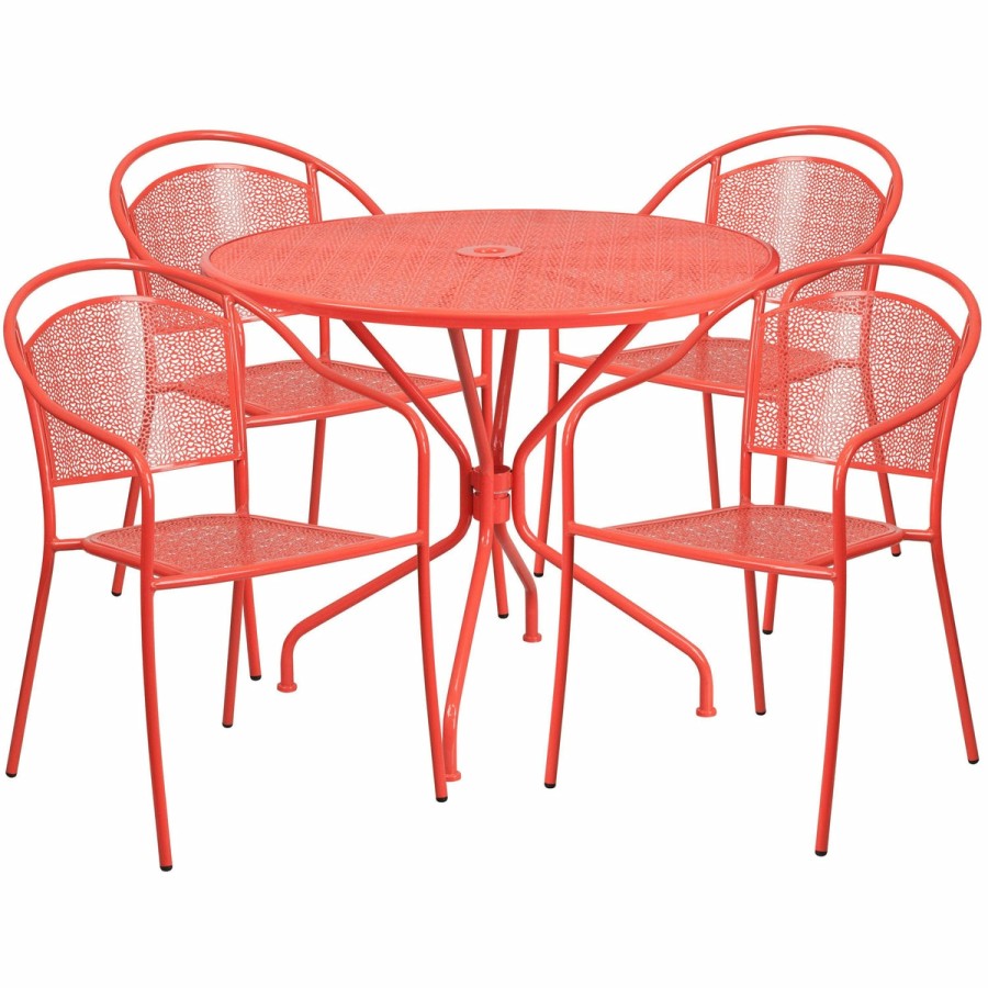 More FLASH | Oia Commercial Grade 35.25" Round Indoor-Outdoor Steel Patio Table Set With 4 Round Back Chairs