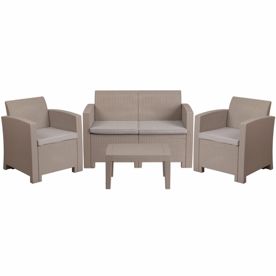 More FLASH | Seneca 4 Piece Outdoor Faux Rattan Chair, Loveseat And Table Set