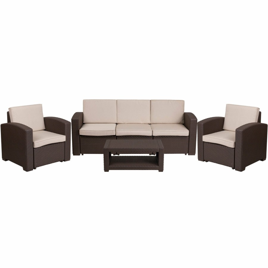 More FLASH | Seneca 4 Piece Outdoor Faux Rattan Chair, Sofa And Table Set