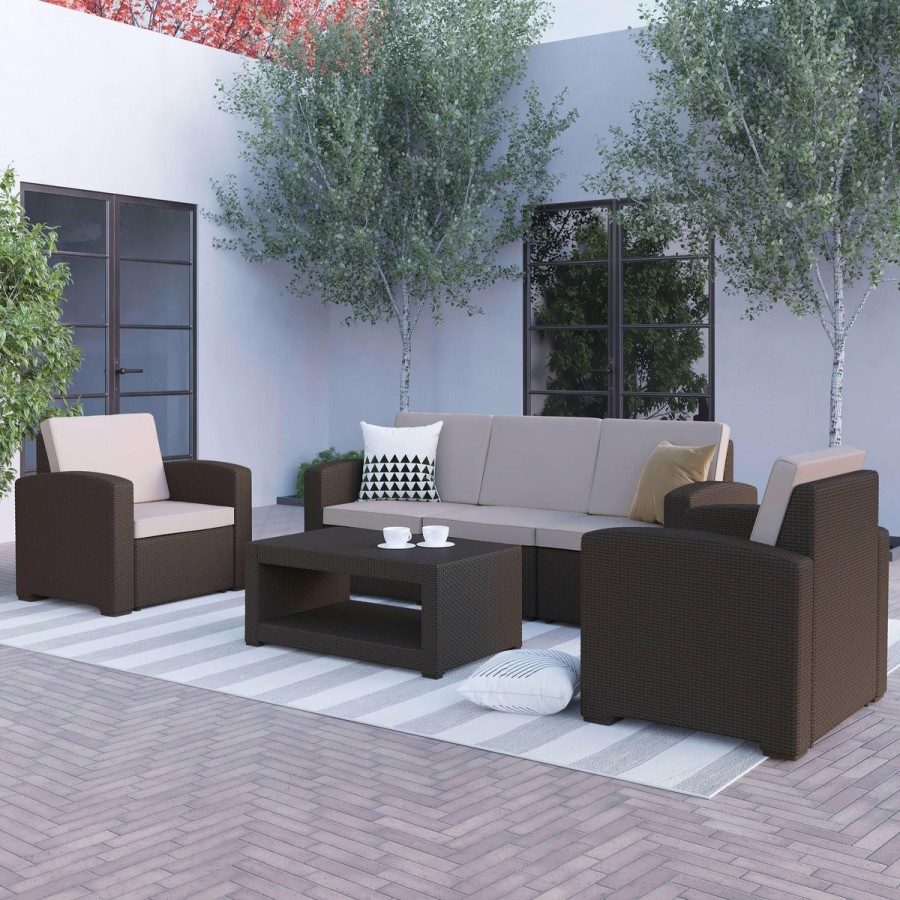 More FLASH | Seneca 4 Piece Outdoor Faux Rattan Chair, Sofa And Table Set