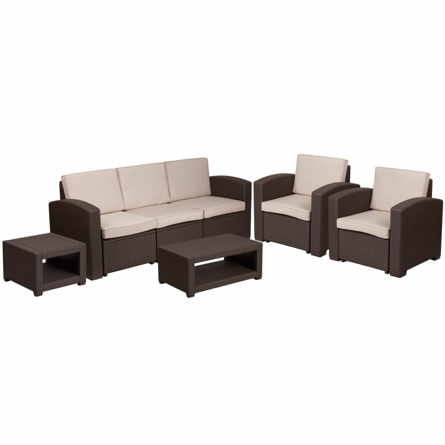 More FLASH | Seneca 5 Piece Outdoor Faux Rattan Chair, Sofa And Table Set