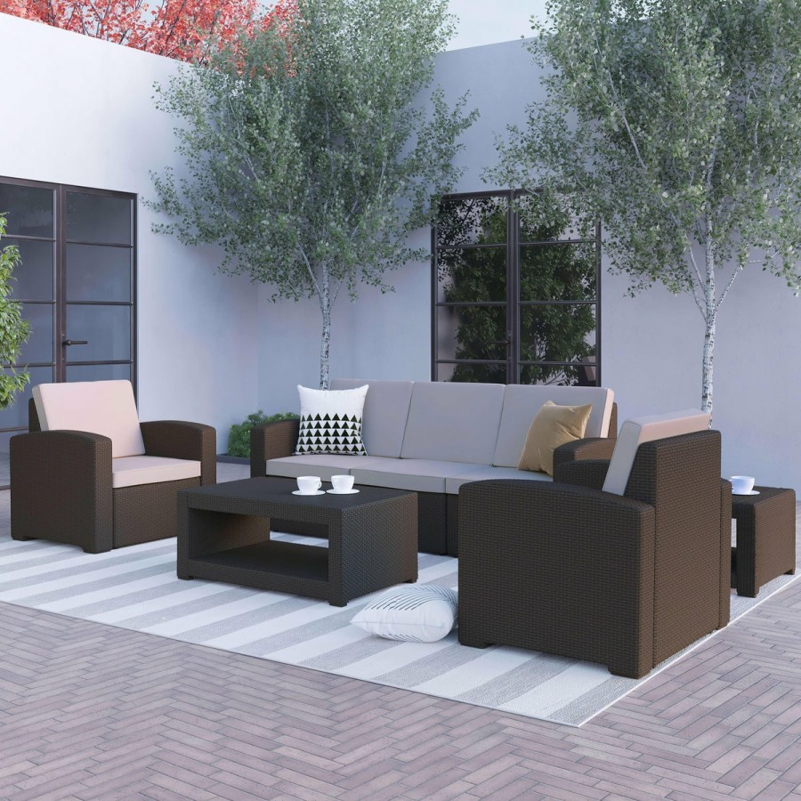 More FLASH | Seneca 5 Piece Outdoor Faux Rattan Chair, Sofa And Table Set