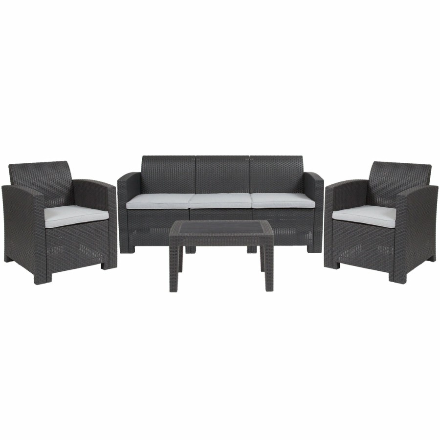 More FLASH | Seneca 4 Piece Outdoor Faux Rattan Chair, Sofa And Table Set