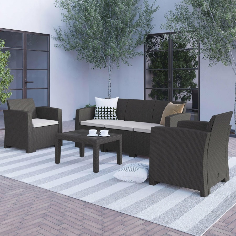 More FLASH | Seneca 4 Piece Outdoor Faux Rattan Chair, Sofa And Table Set