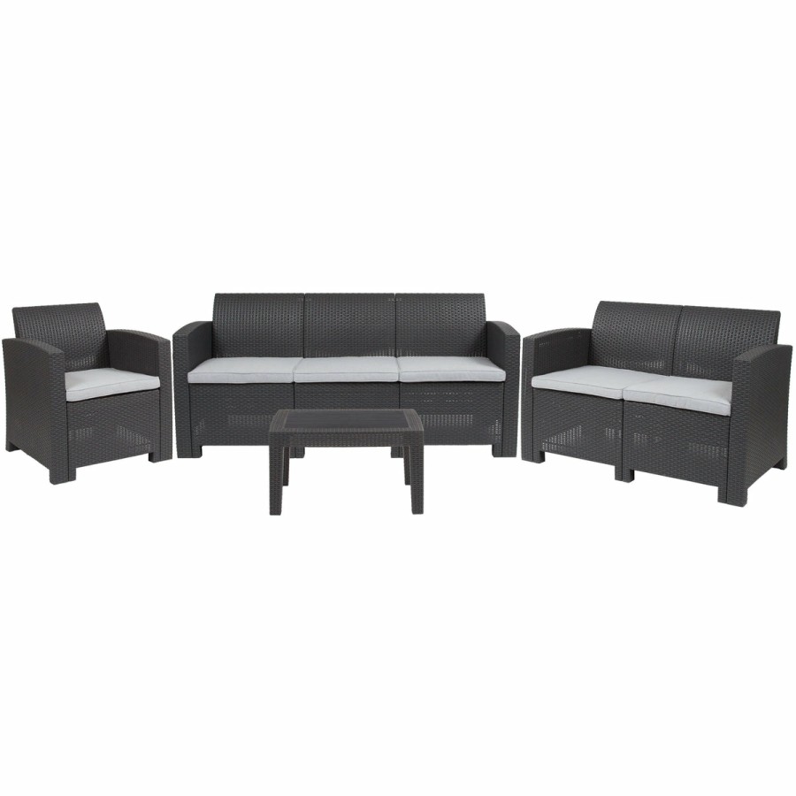 More FLASH | Seneca 4 Piece Outdoor Faux Rattan Chair, Loveseat, Sofa And Table Set