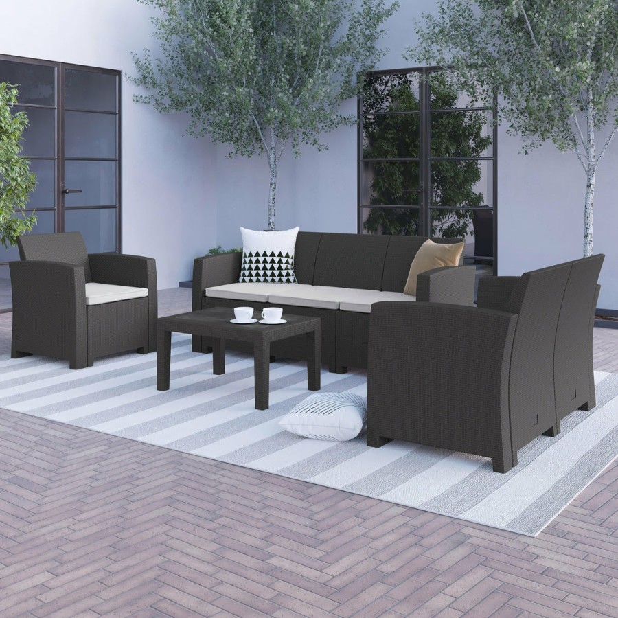 More FLASH | Seneca 4 Piece Outdoor Faux Rattan Chair, Loveseat, Sofa And Table Set