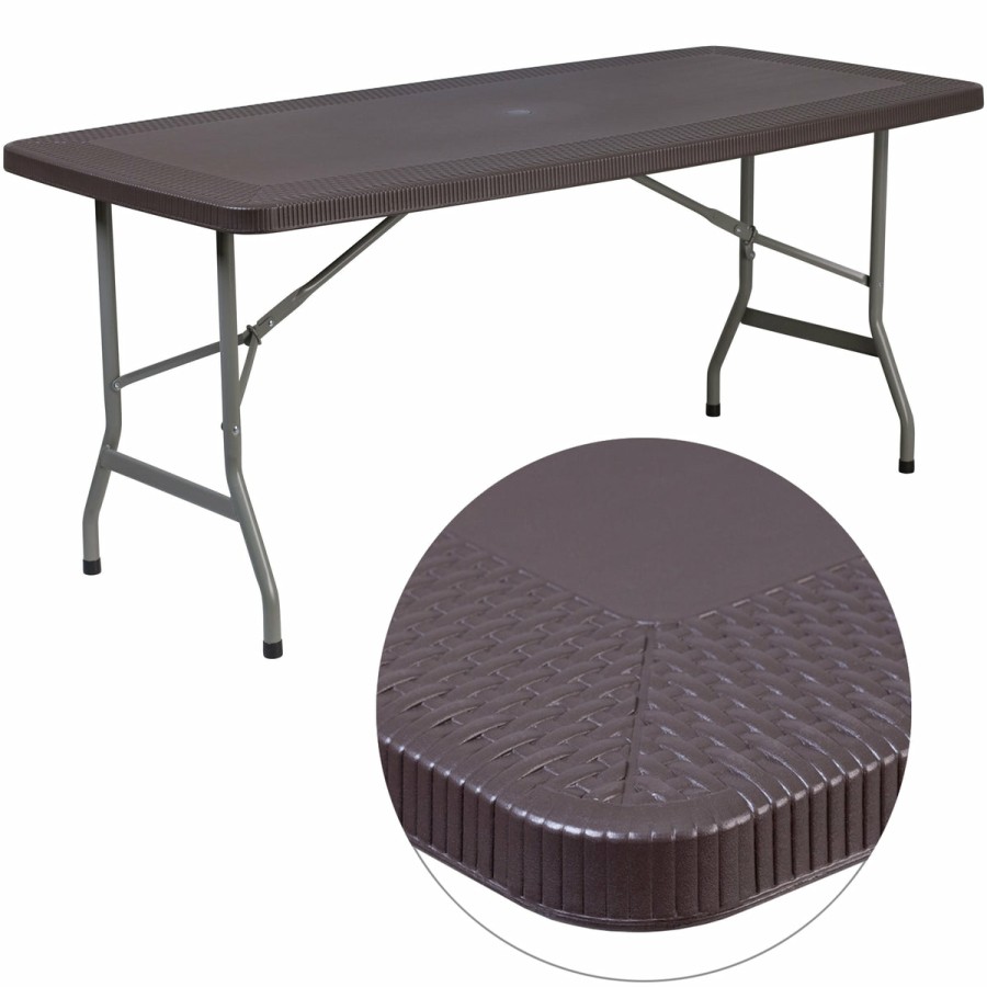 Folding & Event FLASH Plastic Folding Tables | 5.62-Foot Rattan Indoor-Outdoor Plastic Folding Table With Umbrella Hole