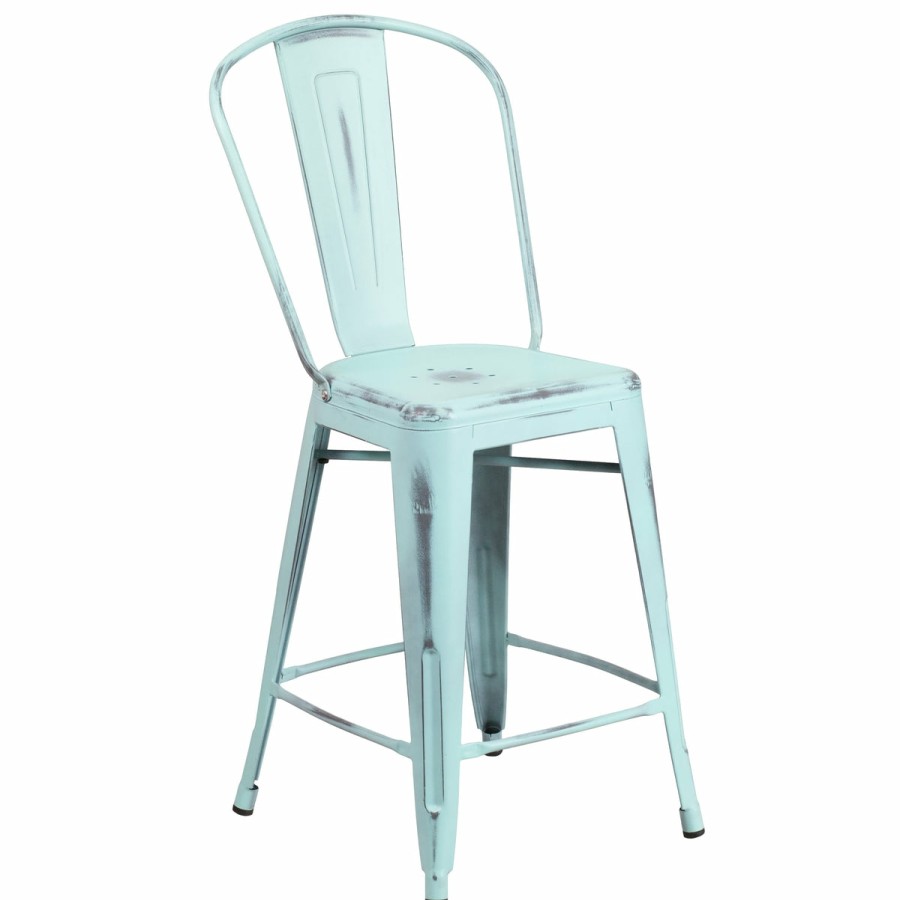 More FLASH | Commercial Grade 24" High Distressed Metal Indoor-Outdoor Counter Height Stool With Back