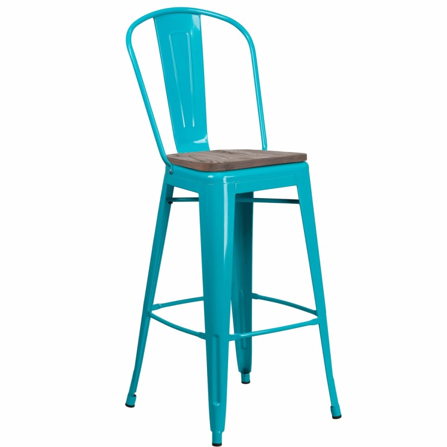 More FLASH | 30" High Metal Barstool With Back And Wood Seat