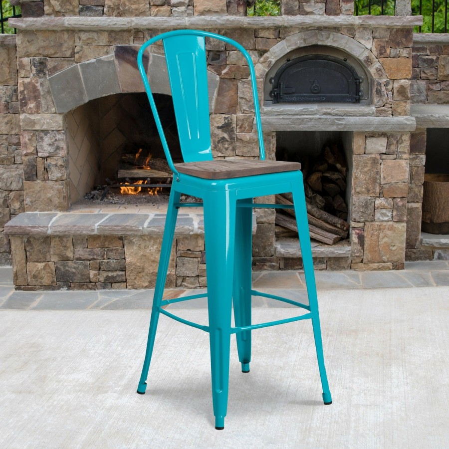 More FLASH | 30" High Metal Barstool With Back And Wood Seat