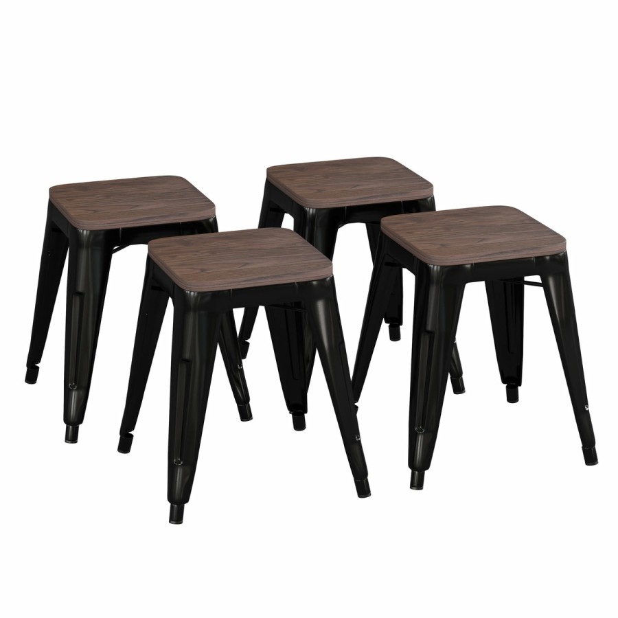 More FLASH | 18" Backless Table Height Stool With Wooden Seat, Stackable Metal Indoor Dining Stool, Commercial Grade - Set Of 4