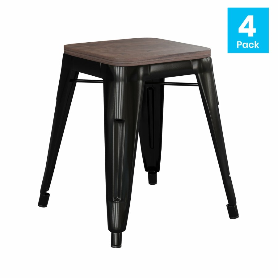 More FLASH | 18" Backless Table Height Stool With Wooden Seat, Stackable Metal Indoor Dining Stool, Commercial Grade - Set Of 4