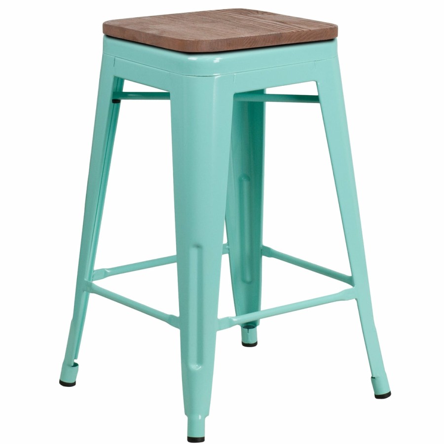 More FLASH | 24" High Backless Counter Height Stool With Square Wood Seat