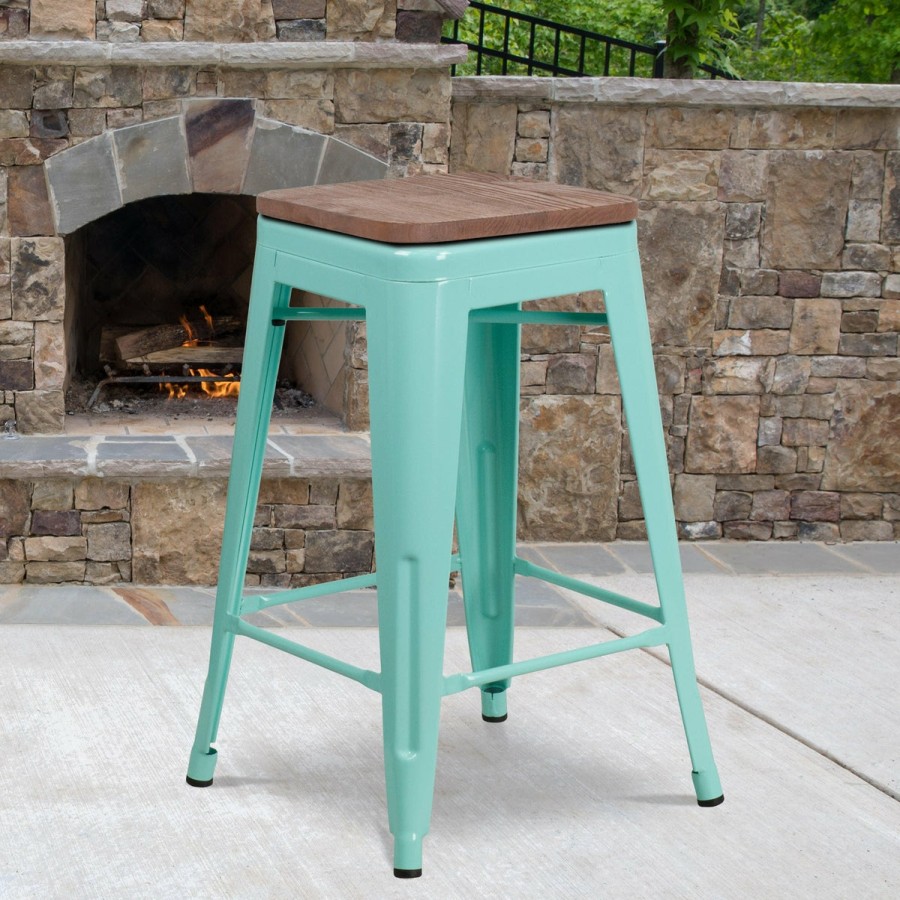 More FLASH | 24" High Backless Counter Height Stool With Square Wood Seat