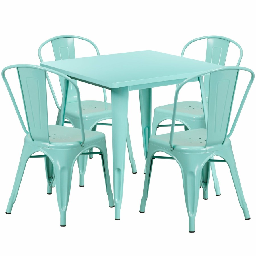 More FLASH | Commercial Grade 31.5" Square Metal Indoor-Outdoor Table Set With 4 Stack Chairs