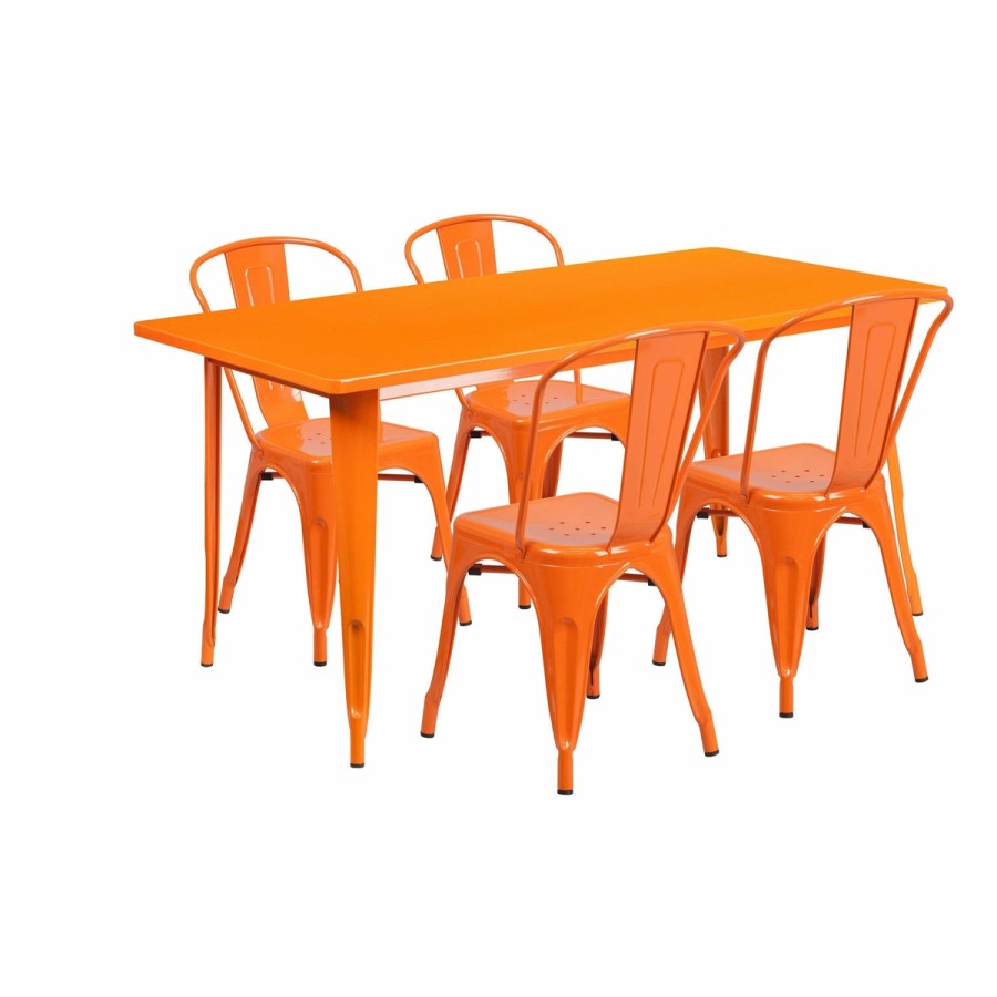 More FLASH | Commercial Grade 31.5" X 63" Rectangular Metal Indoor-Outdoor Table Set With 4 Stack Chairs