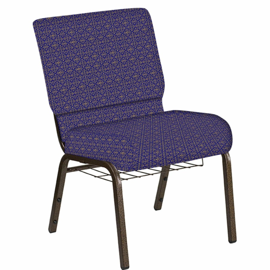 Church Chairs FLASH | 21''W Church Chair In Abbey Fabric With Book Rack - Gold Vein Frame