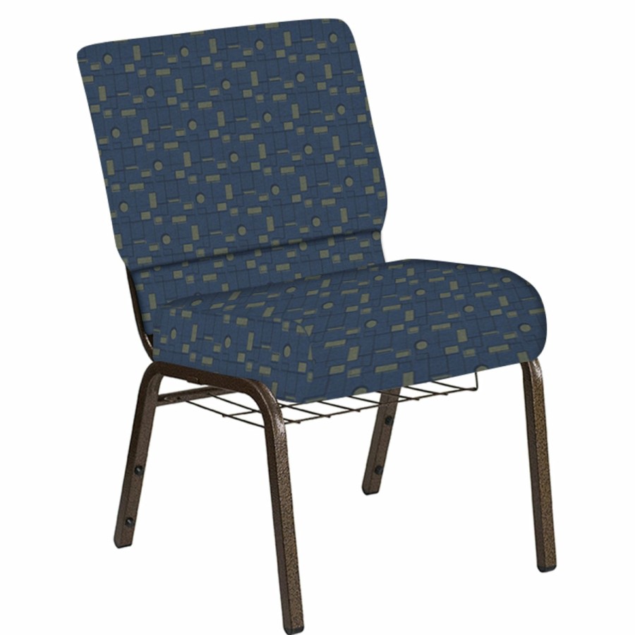 Church Chairs FLASH | Embroidered 21''W Church Chair In Circuit Fabric With Book Rack - Gold Vein Frame