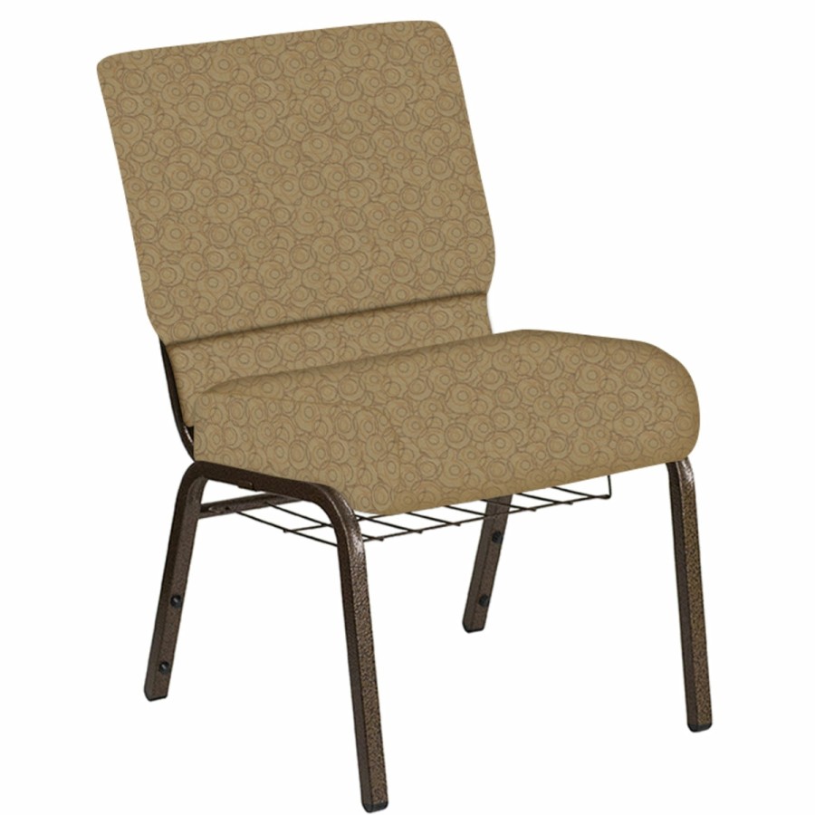 Church Chairs FLASH | Embroidered 21''W Church Chair In Martini Fabric With Book Rack - Gold Vein Frame