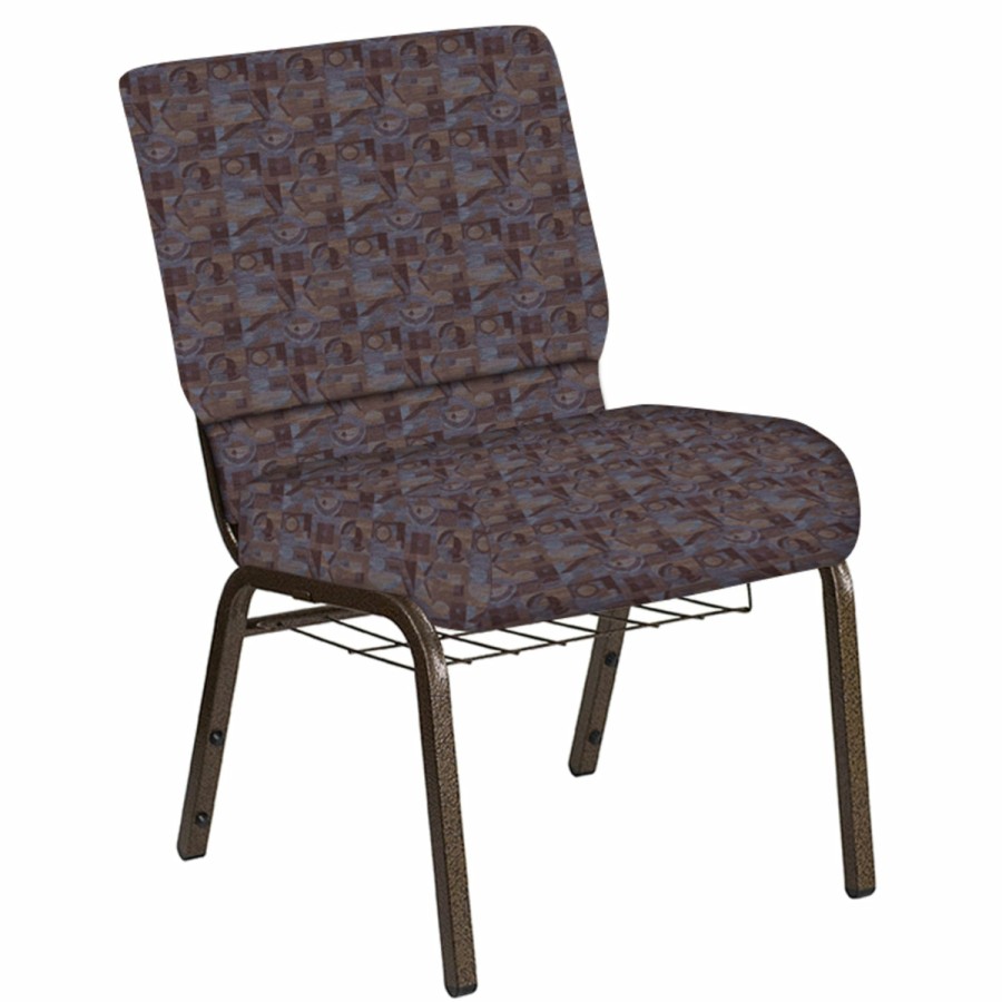 Church Chairs FLASH | Embroidered 21''W Church Chair In Perplex Fabric With Book Rack - Gold Vein Frame