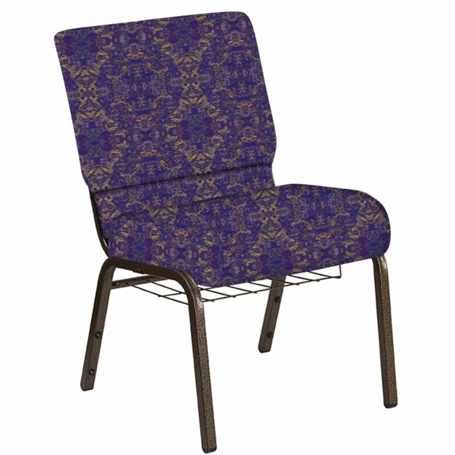 Church Chairs FLASH | Embroidered 21''W Church Chair In Watercolor Fabric With Book Rack - Gold Vein Frame