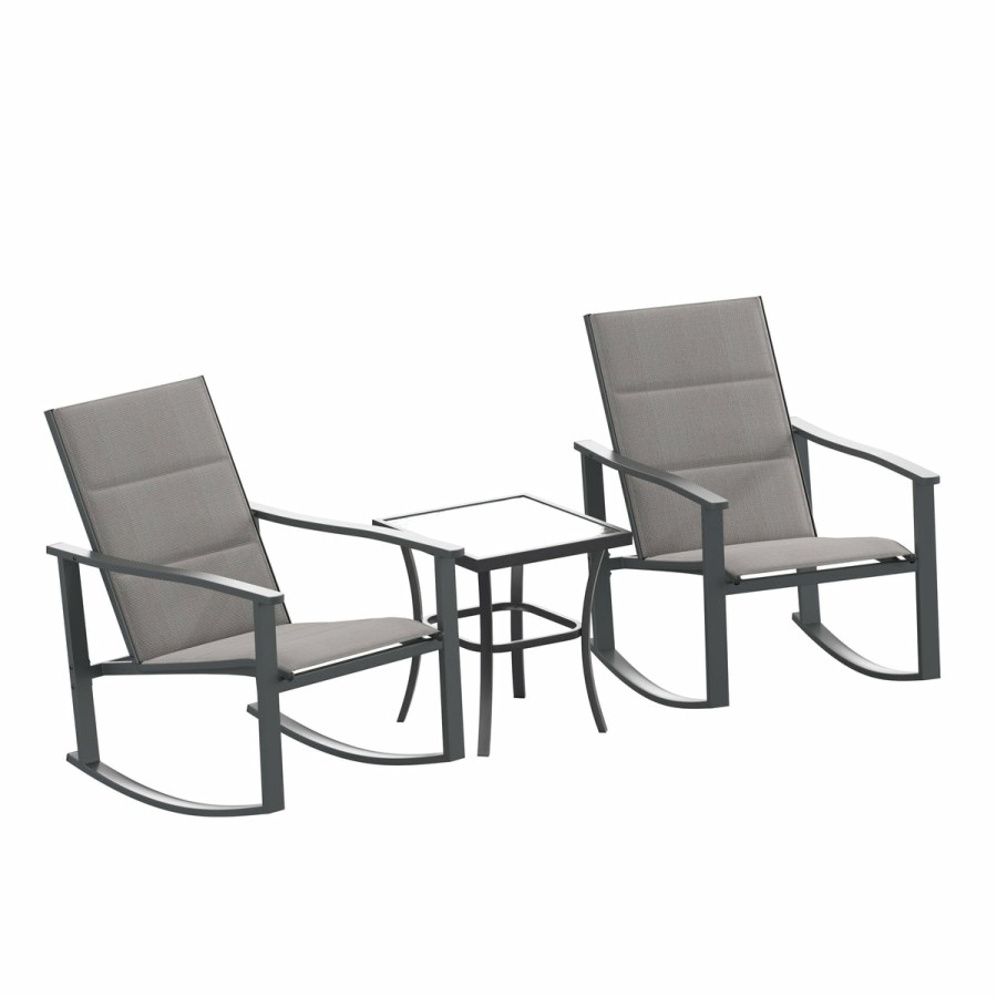 More FLASH | Brazos 3 Piece Outdoor Rocking Chair Bistro Set With Flex Comfort Material And Metal Framed Glass Top Table