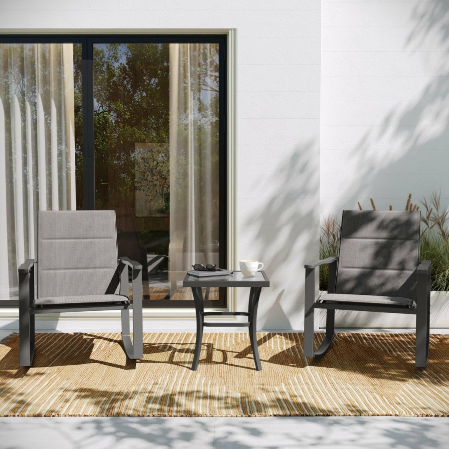 More FLASH | Brazos 3 Piece Outdoor Rocking Chair Bistro Set With Flex Comfort Material And Metal Framed Glass Top Table