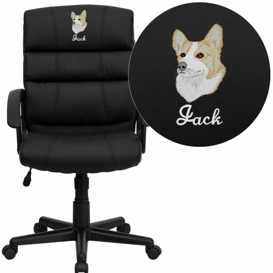 Office & Reception FLASH Personalized Office Chairs | Embroidered Mid-Back Leathersoft Swivel Task Office Chair With Accent Divided Back And Arms