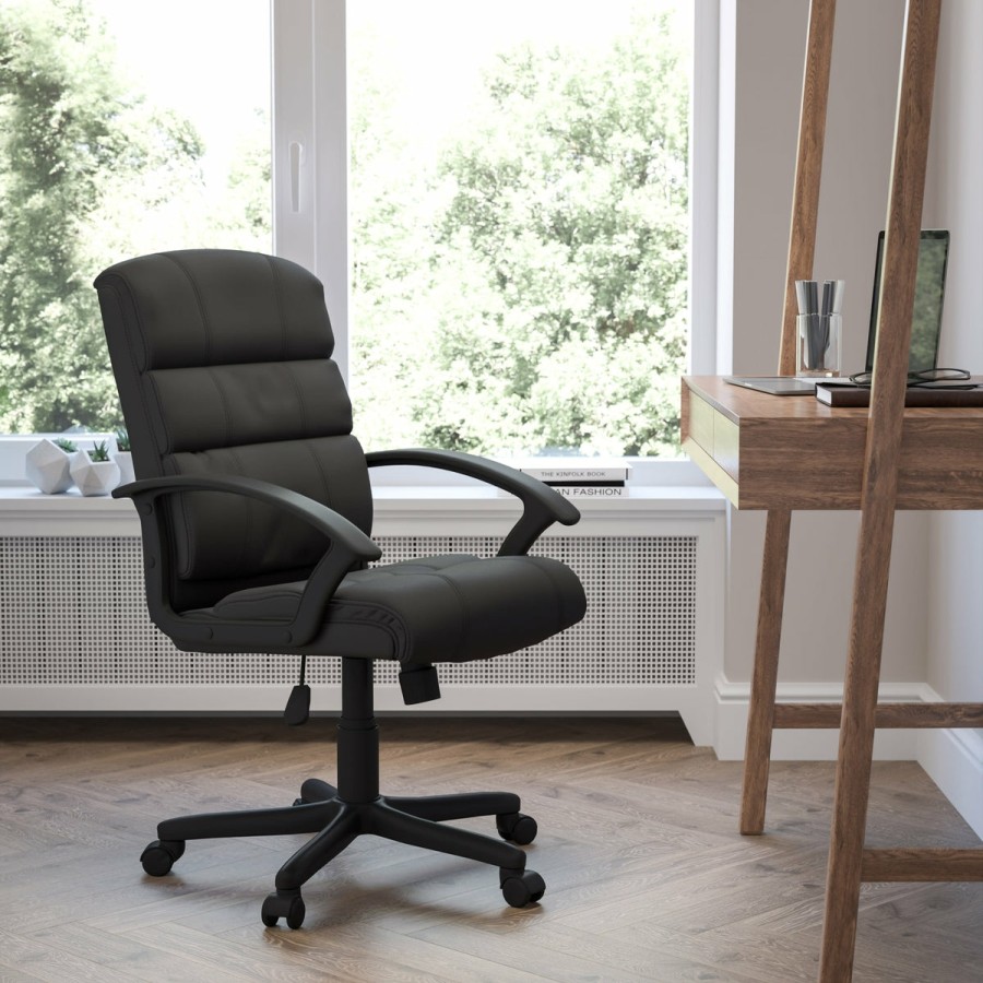 Office & Reception FLASH Task Office Chairs | Mid-Back Leathersoft Swivel Task Office Chair With Accent Divided Back And Arms