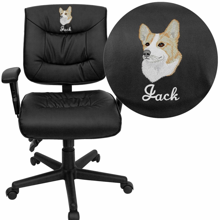 Office & Reception FLASH Personalized Office Chairs | Embroidered Mid-Back Leathersoft Multifunction Swivel Ergonomic Task Office Chair With Adjustable Arms