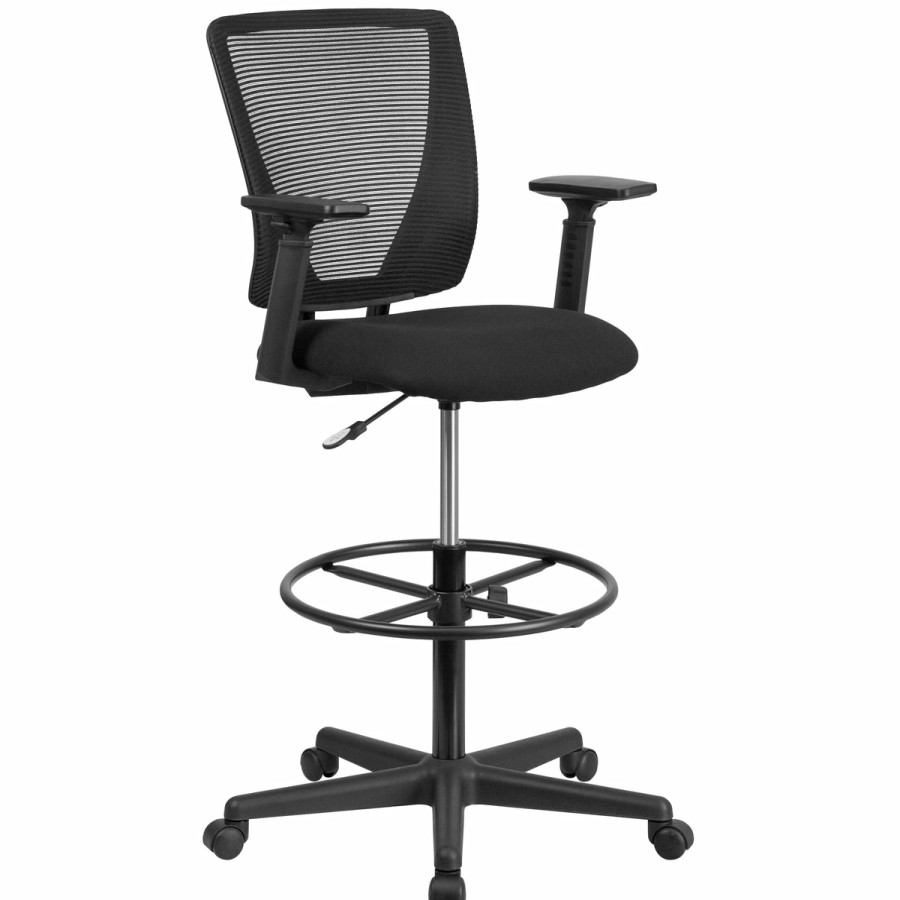 Office & Reception FLASH Drafting Stools | Ergonomic Mid-Back Mesh Drafting Chair With Fabric Seat, Adjustable Foot Ring And Arms